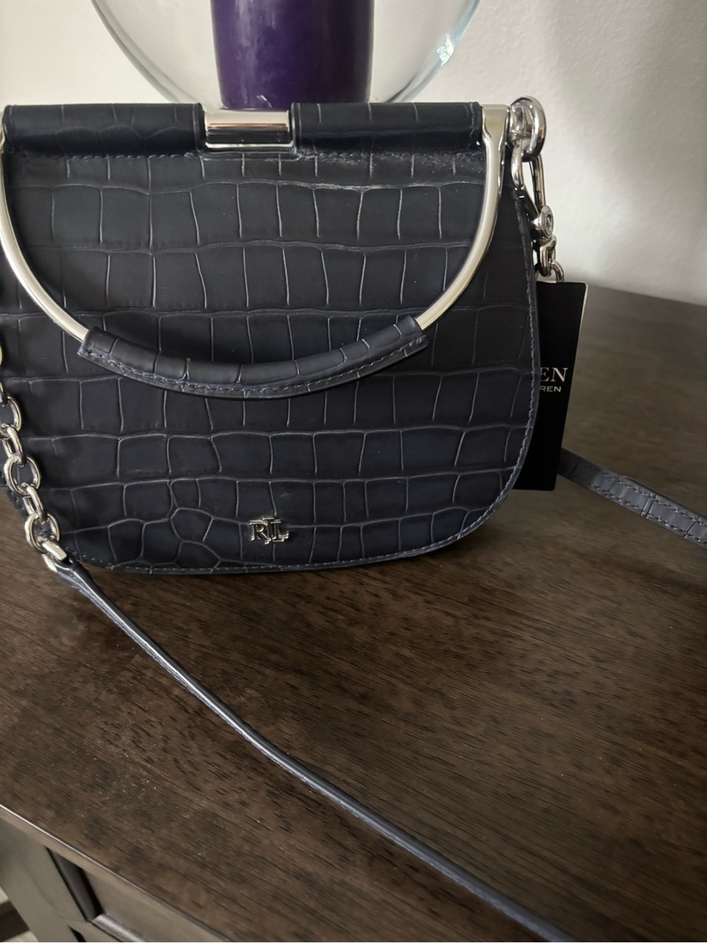 Ralph Lauren Navy Croc-Embossed Leather Crossbody